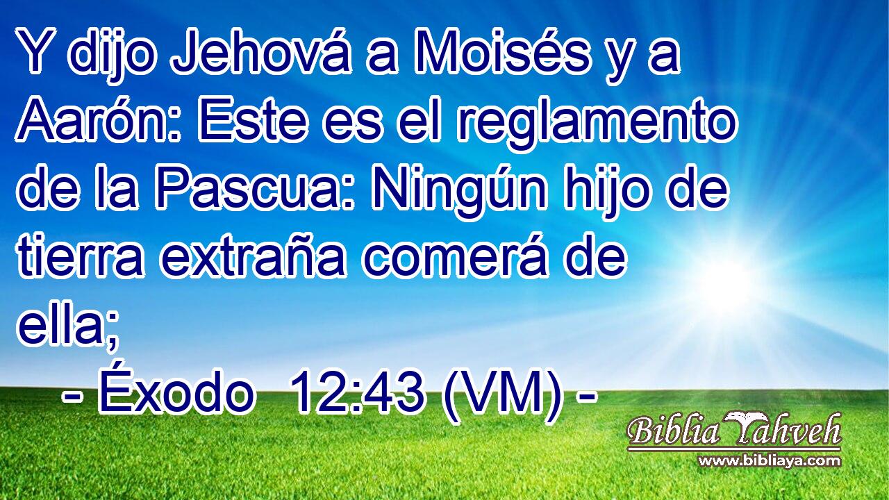  Y dijo Jehová a Moisés y a Aarón: Este es el reglamento de la Pascua: Ningún hijo de tierra extraña comerá de ella; 