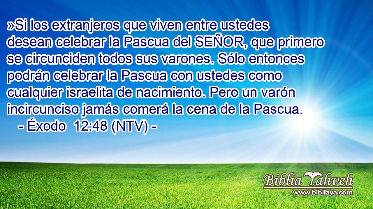 »Si los extranjeros que viven entre ustedes desean celebrar la Pascua del SEÑOR, que primero se circunciden todos sus varones. Sólo entonces podrán celebrar la Pascua con ustedes como cualquier israelita de nacimiento. Pero un varón incircunciso jamás comerá la cena de la Pascua.