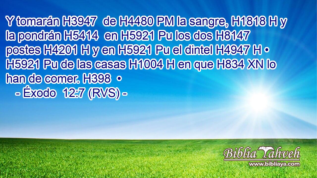 Y tomarán H3947  de H4480 PM la sangre, H1818 H y la pondrán H5414  en H5921 Pu los dos H8147  postes H4201 H y en H5921 Pu el dintel H4947 H • H5921 Pu de las casas H1004 H en que H834 XN lo han de comer. H398  • 