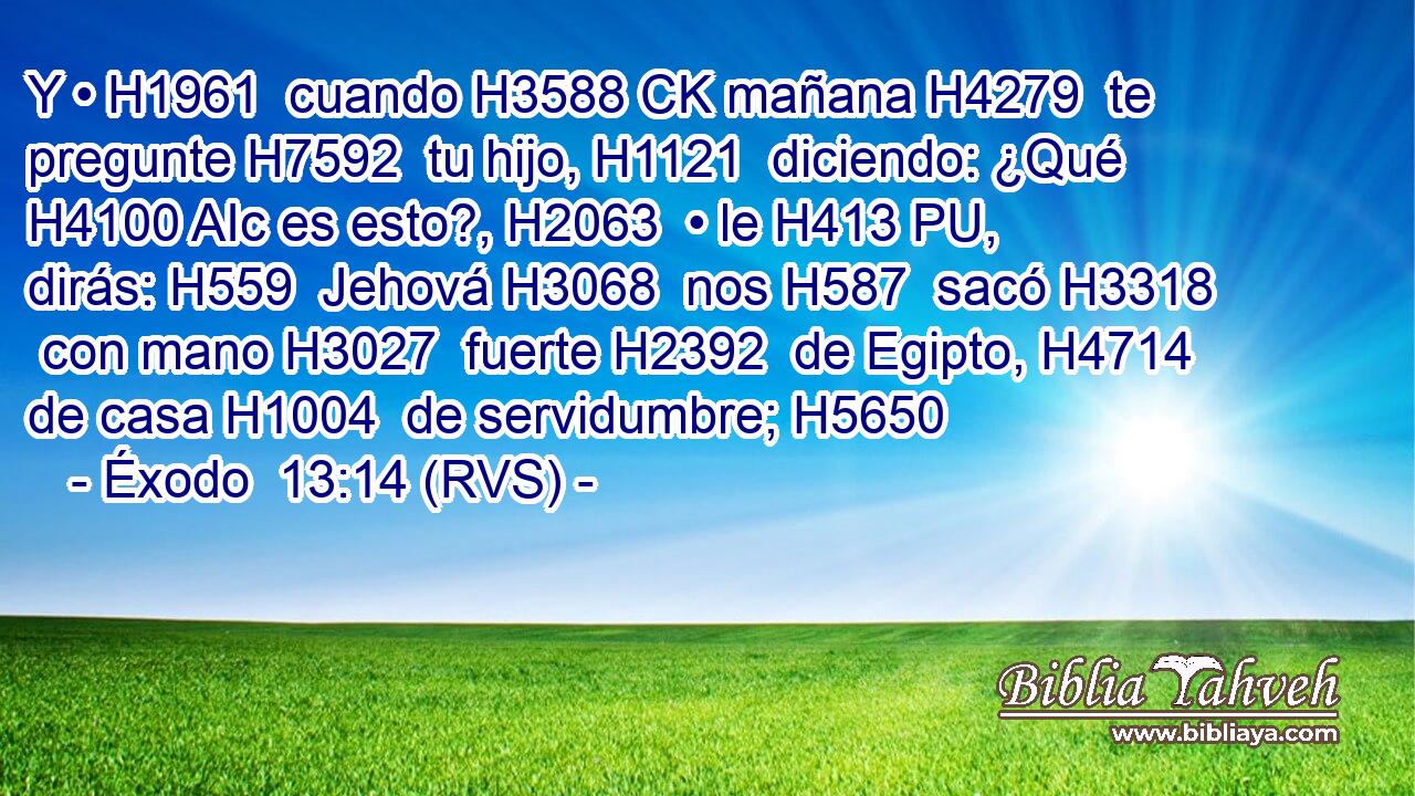 Y • H1961  cuando H3588 CK mañana H4279  te pregunte H7592  tu hijo, H1121  diciendo: ¿Qué H4100 AIc es esto?, H2063  • le H413 PU,  dirás: H559  Jehová H3068  nos H587  sacó H3318  con mano H3027  fuerte H2392  de Egipto, H4714  de casa H1004  de servidumbre; H5650  
