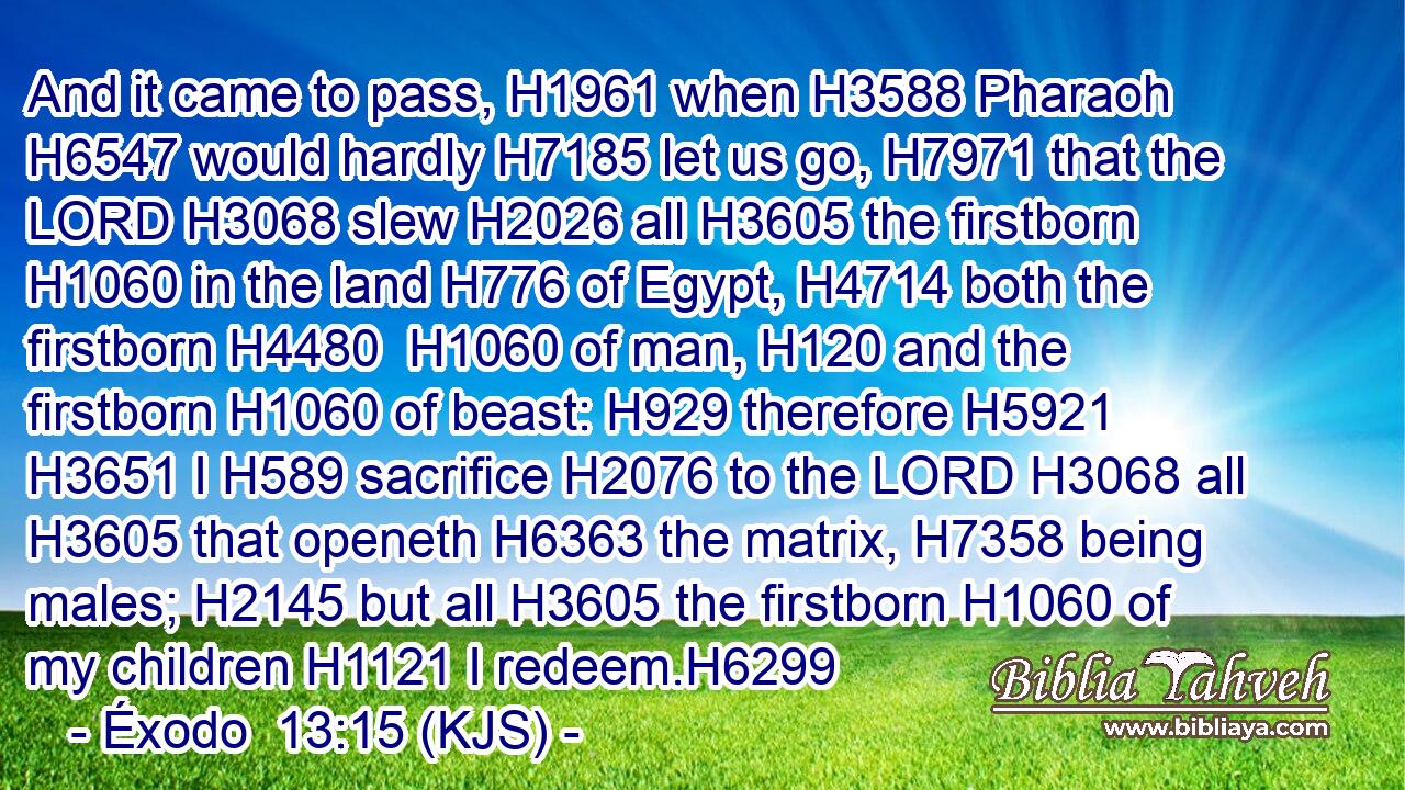 And it came to pass, H1961 when H3588 Pharaoh H6547 would hardly H7185 let us go, H7971 that the LORD H3068 slew H2026 all H3605 the firstborn H1060 in the land H776 of Egypt, H4714 both the firstborn H4480  H1060 of man, H120 and the firstborn H1060 of beast: H929 therefore H5921  H3651 I H589 sacrifice H2076 to the LORD H3068 all H3605 that openeth H6363 the matrix, H7358 being males; H2145 but all H3605 the firstborn H1060 of my children H1121 I redeem.H6299