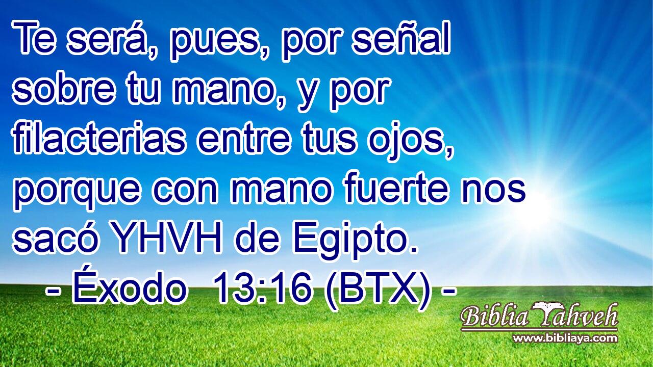 Te será, pues, por señal sobre tu mano, y por filacterias entre tus ojos, porque con mano fuerte nos sacó YHVH de Egipto.