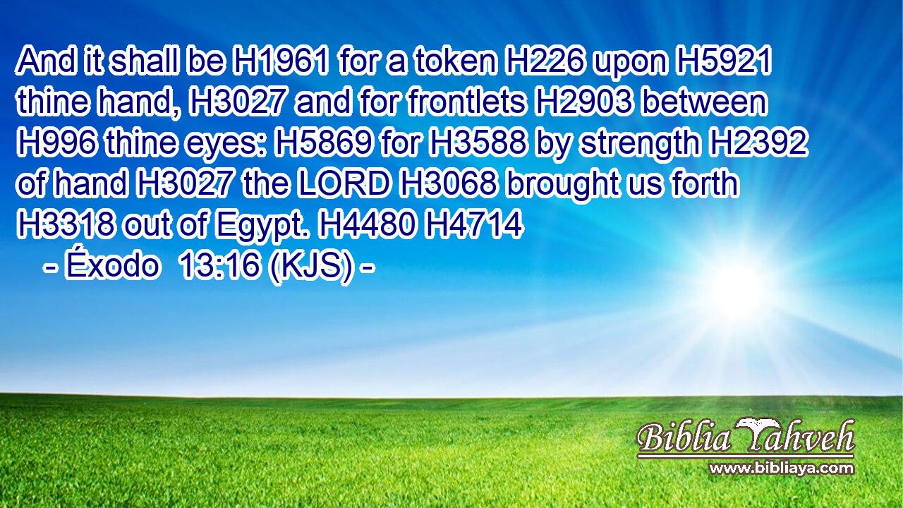 And it shall be H1961 for a token H226 upon H5921 thine hand, H3027 and for frontlets H2903 between H996 thine eyes: H5869 for H3588 by strength H2392 of hand H3027 the LORD H3068 brought us forth H3318 out of Egypt. H4480 H4714