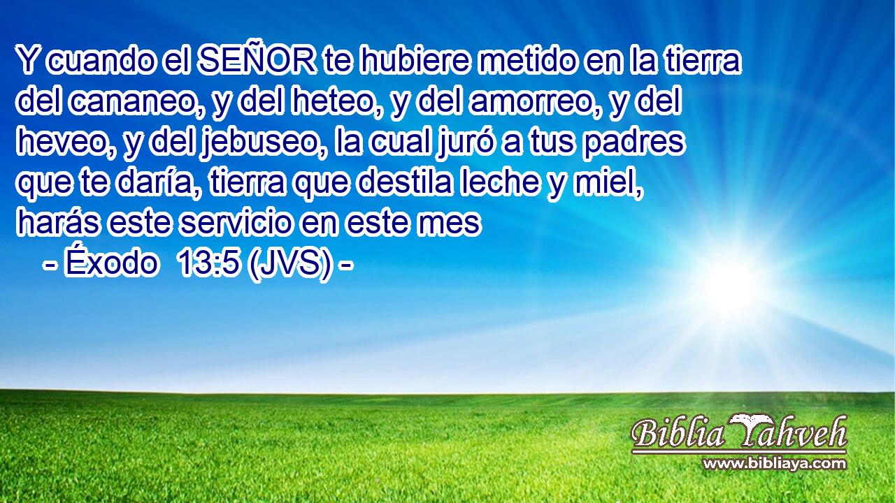 Y cuando el SEÑOR te hubiere metido en la tierra del cananeo, y del heteo, y del amorreo, y del heveo, y del jebuseo, la cual juró a tus padres que te daría, tierra que destila leche y miel, harás este servicio en este mes