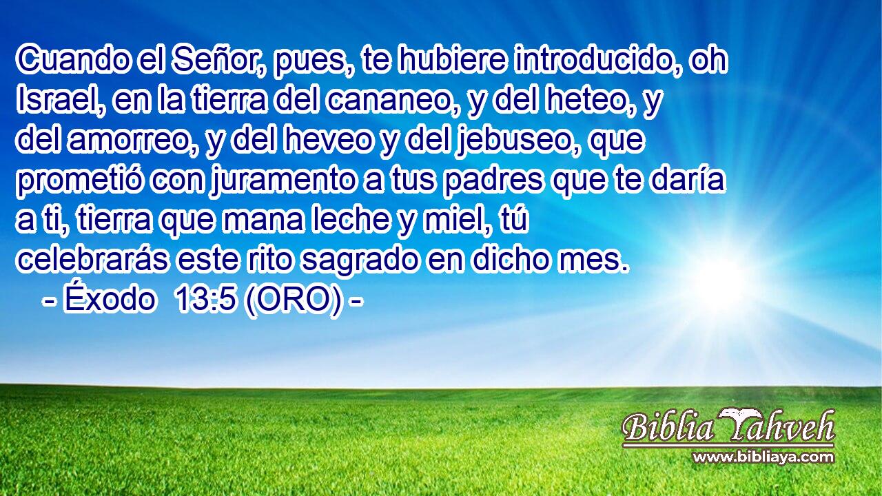  Cuando el Señor, pues, te hubiere introducido, oh Israel, en la tierra del cananeo, y del heteo, y del amorreo, y del heveo y del jebuseo, que prometió con juramento a tus padres que te daría a ti, tierra que mana leche y miel, tú celebrarás este rito sagrado en dicho mes. 