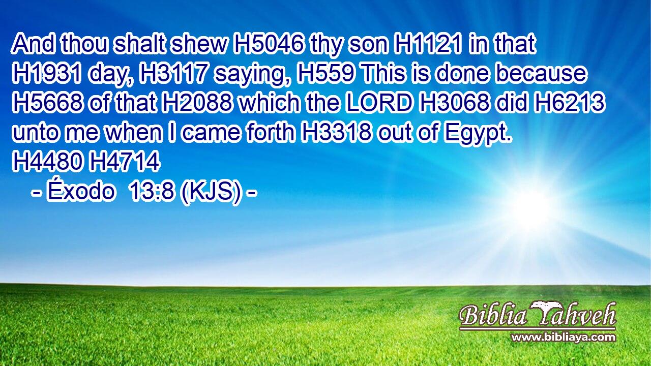 And thou shalt shew H5046 thy son H1121 in that H1931 day, H3117 saying, H559 This is done because H5668 of that H2088 which the LORD H3068 did H6213 unto me when I came forth H3318 out of Egypt. H4480 H4714
