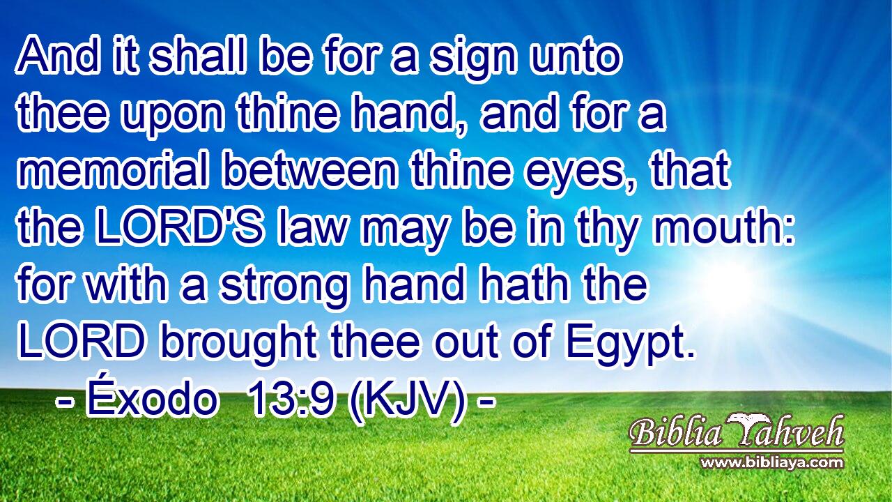And it shall be for a sign unto thee upon thine hand, and for a memorial between thine eyes, that the LORD'S law may be in thy mouth: for with a strong hand hath the LORD brought thee out of Egypt.
