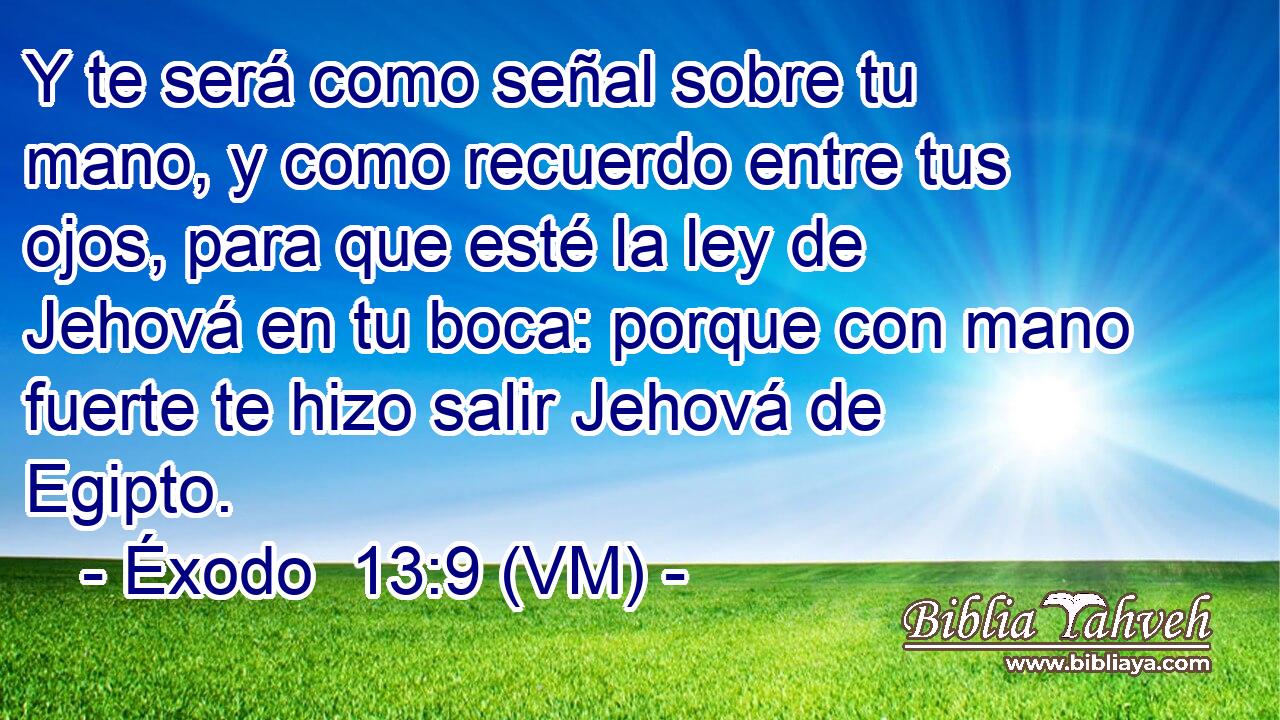  Y te será como señal sobre tu mano, y como recuerdo entre tus ojos, para que esté la ley de Jehová en tu boca: porque con mano fuerte te hizo salir Jehová de Egipto. 