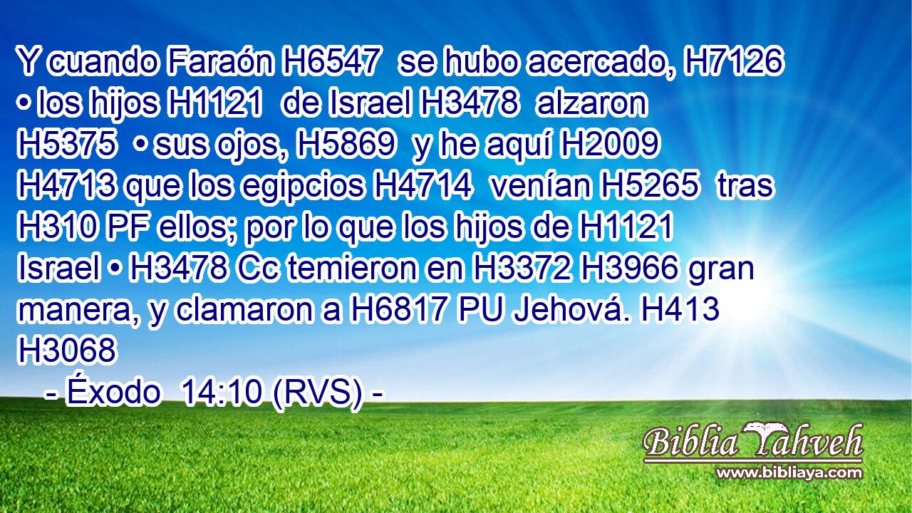 Y cuando Faraón H6547  se hubo acercado, H7126  • los hijos H1121  de Israel H3478  alzaron H5375  • sus ojos, H5869  y he aquí H2009  H4713 que los egipcios H4714  venían H5265  tras H310 PF ellos; por lo que los hijos de H1121 Israel • H3478 Cc temieron en H3372 H3966 gran manera, y clamaron a H6817 PU Jehová. H413  H3068 