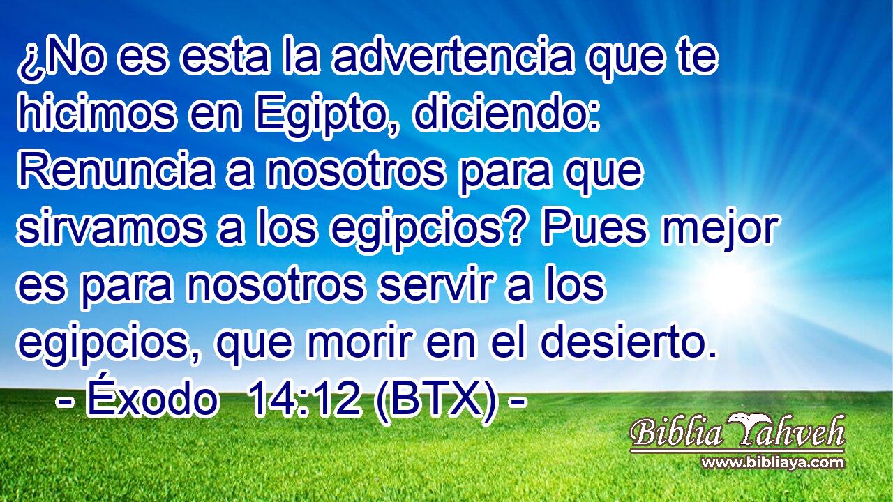 ¿No es esta la advertencia que te hicimos en Egipto, diciendo: Renuncia a nosotros para que sirvamos a los egipcios? Pues mejor es para nosotros servir a los egipcios, que morir en el desierto.