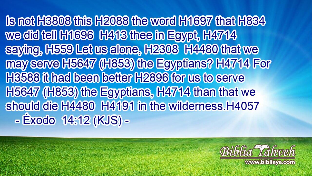 Is not H3808 this H2088 the word H1697 that H834 we did tell H1696  H413 thee in Egypt, H4714 saying, H559 Let us alone, H2308  H4480 that we may serve H5647 (H853) the Egyptians? H4714 For H3588 it had been better H2896 for us to serve H5647 (H853) the Egyptians, H4714 than that we should die H4480  H4191 in the wilderness.H4057