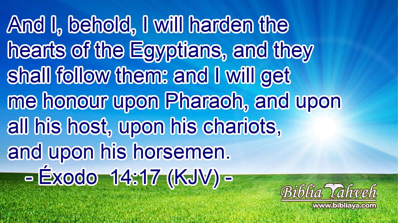 And I, behold, I will harden the hearts of the Egyptians, and they shall follow them: and I will get me honour upon Pharaoh, and upon all his host, upon his chariots, and upon his horsemen.