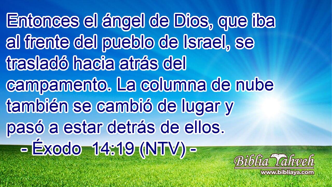 Entonces el ángel de Dios, que iba al frente del pueblo de Israel, se trasladó hacia atrás del campamento. La columna de nube también se cambió de lugar y pasó a estar detrás de ellos.