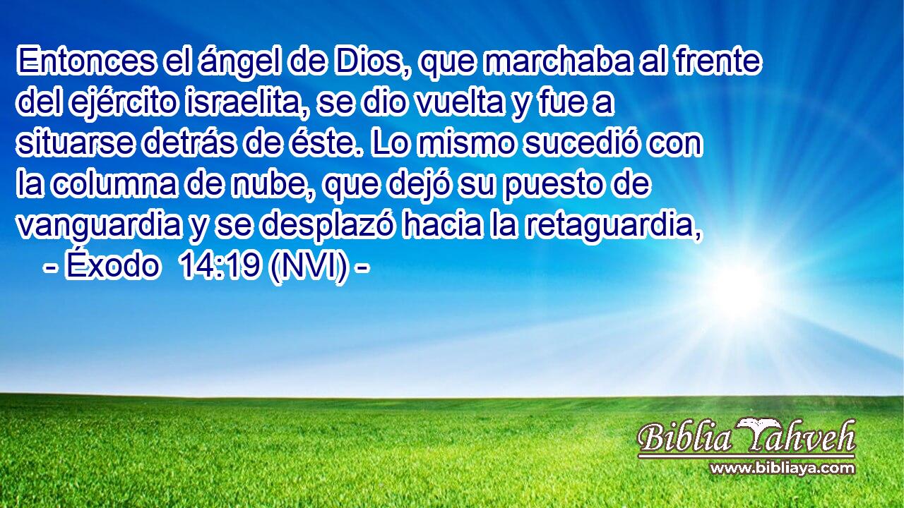  Entonces el ángel de Dios, que marchaba al frente del ejército israelita, se dio vuelta y fue a situarse detrás de éste. Lo mismo sucedió con la columna de nube, que dejó su puesto de vanguardia y se desplazó hacia la retaguardia, 