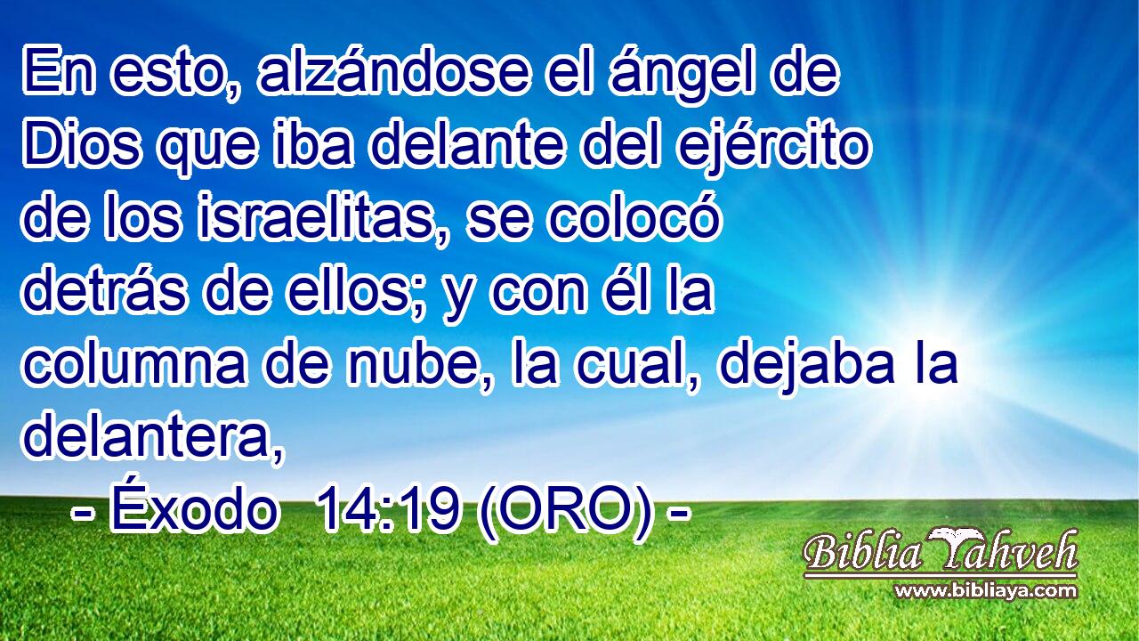  En esto, alzándose el ángel de Dios que iba delante del ejército de los israelitas, se colocó detrás de ellos; y con él la columna de nube, la cual, dejaba la delantera, 