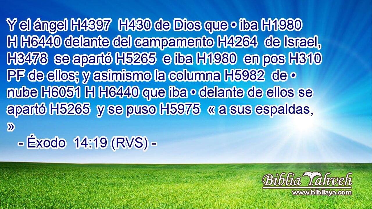 Y el ángel H4397  H430 de Dios que • iba H1980 H H6440 delante del campamento H4264  de Israel, H3478  se apartó H5265  e iba H1980  en pos H310 PF de ellos; y asimismo la columna H5982  de • nube H6051 H H6440 que iba • delante de ellos se apartó H5265  y se puso H5975  « a sus espaldas, » 