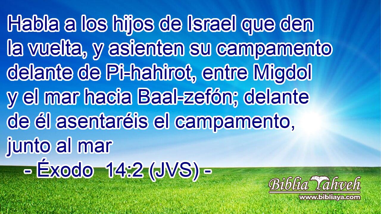 Habla a los hijos de Israel que den la vuelta, y asienten su campamento delante de Pi-hahirot, entre Migdol y el mar hacia Baal-zefón; delante de él asentaréis el campamento, junto al mar