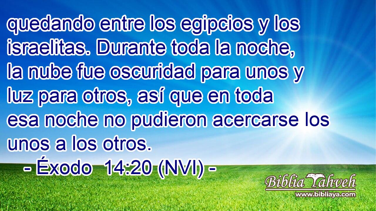  quedando entre los egipcios y los israelitas. Durante toda la noche, la nube fue oscuridad para unos y luz para otros, así que en toda esa noche no pudieron acercarse los unos a los otros. 