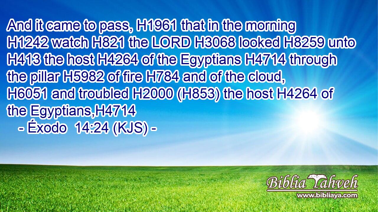 And it came to pass, H1961 that in the morning H1242 watch H821 the LORD H3068 looked H8259 unto H413 the host H4264 of the Egyptians H4714 through the pillar H5982 of fire H784 and of the cloud, H6051 and troubled H2000 (H853) the host H4264 of the Egyptians,H4714