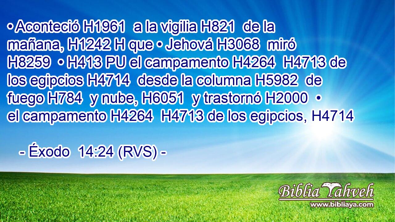 • Aconteció H1961  a la vigilia H821  de la mañana, H1242 H que • Jehová H3068  miró H8259  • H413 PU el campamento H4264  H4713 de los egipcios H4714  desde la columna H5982  de fuego H784  y nube, H6051  y trastornó H2000  • el campamento H4264  H4713 de los egipcios, H4714  