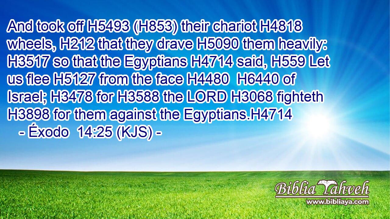 And took off H5493 (H853) their chariot H4818 wheels, H212 that they drave H5090 them heavily: H3517 so that the Egyptians H4714 said, H559 Let us flee H5127 from the face H4480  H6440 of Israel; H3478 for H3588 the LORD H3068 fighteth H3898 for them against the Egyptians.H4714