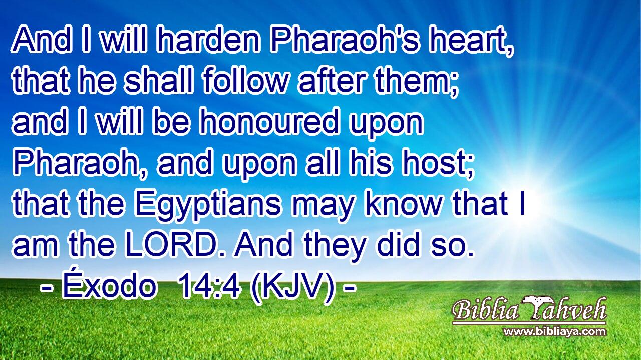 And I will harden Pharaoh's heart, that he shall follow after them; and I will be honoured upon Pharaoh, and upon all his host; that the Egyptians may know that I am the LORD. And they did so.