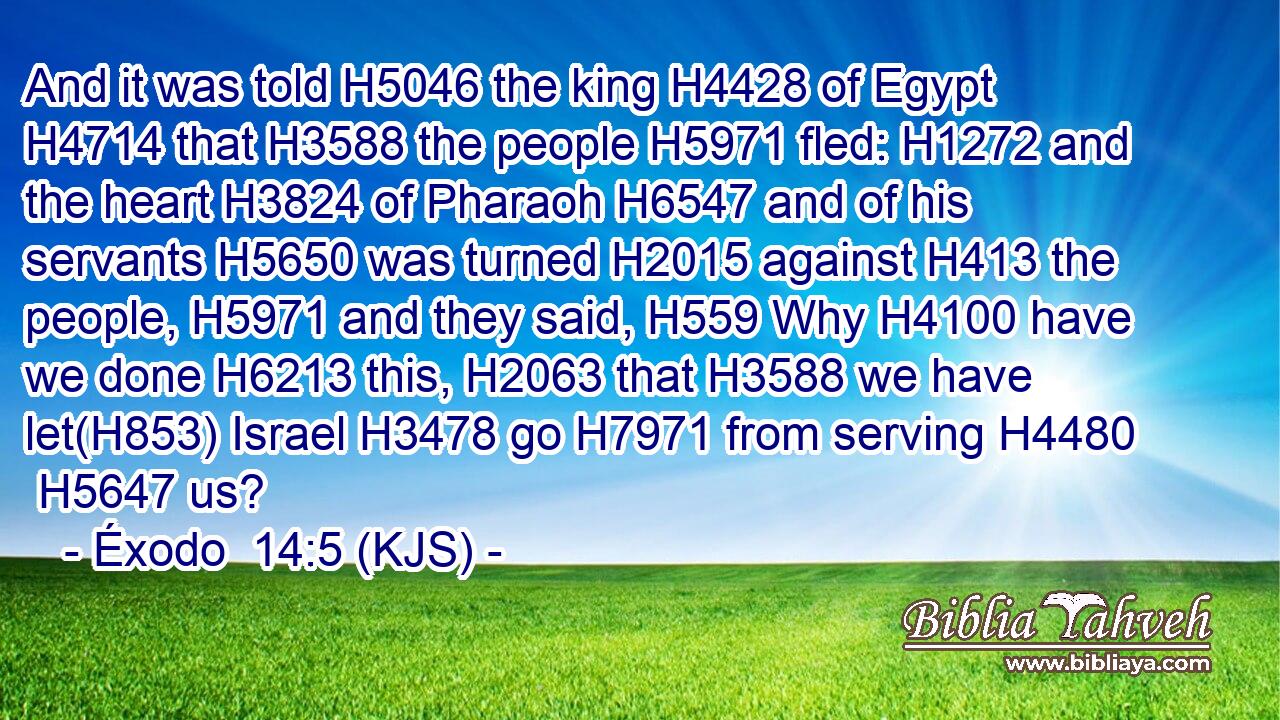 And it was told H5046 the king H4428 of Egypt H4714 that H3588 the people H5971 fled: H1272 and the heart H3824 of Pharaoh H6547 and of his servants H5650 was turned H2015 against H413 the people, H5971 and they said, H559 Why H4100 have we done H6213 this, H2063 that H3588 we have let(H853) Israel H3478 go H7971 from serving H4480  H5647 us?