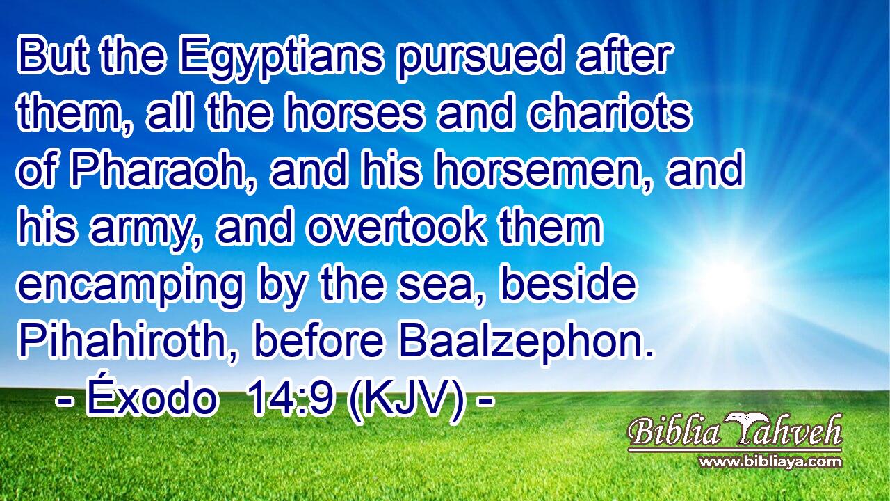 But the Egyptians pursued after them, all the horses and chariots of Pharaoh, and his horsemen, and his army, and overtook them encamping by the sea, beside Pihahiroth, before Baalzephon.