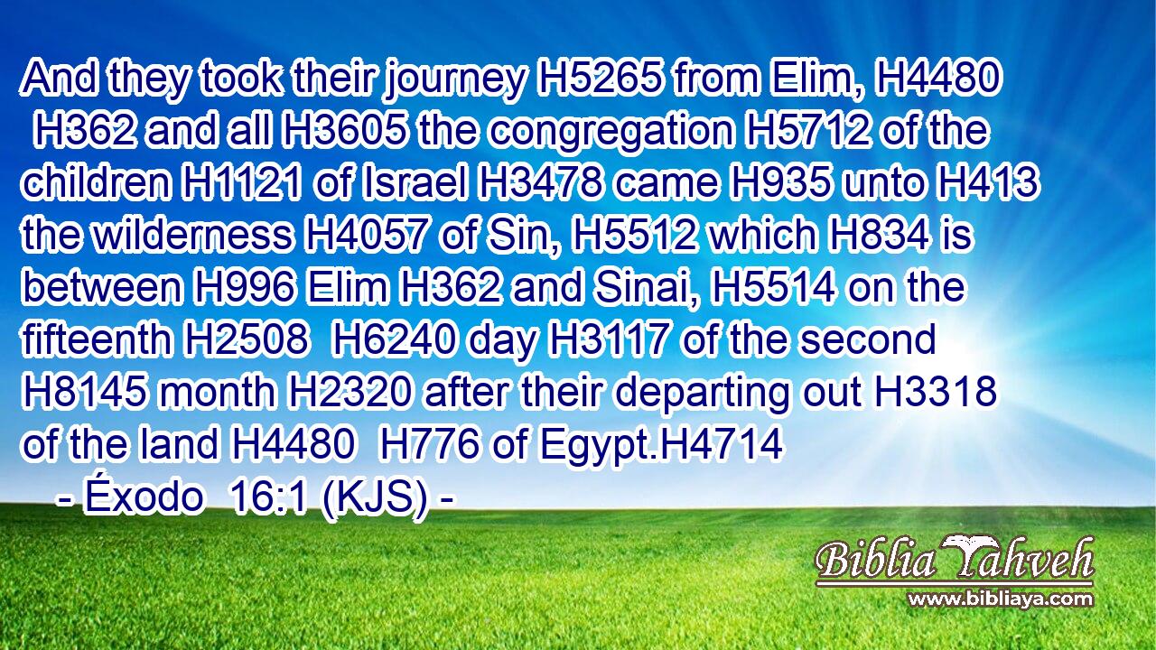 And they took their journey H5265 from Elim, H4480  H362 and all H3605 the congregation H5712 of the children H1121 of Israel H3478 came H935 unto H413 the wilderness H4057 of Sin, H5512 which H834 is between H996 Elim H362 and Sinai, H5514 on the fifteenth H2508  H6240 day H3117 of the second H8145 month H2320 after their departing out H3318 of the land H4480  H776 of Egypt.H4714