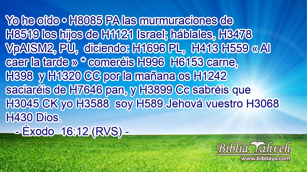 Yo he oído • H8085 PA las murmuraciones de H8519 los hijos de H1121 Israel; háblales, H3478 VpAISM2, PU,  diciendo: H1696 PL,  H413 H559 « Al caer la tarde » * comeréis H996  H6153 carne, H398  y H1320 CC por la mañana os H1242 saciaréis de H7646 pan, y H3899 Cc sabréis que H3045 CK yo H3588  soy H589 Jehová vuestro H3068  H430 Dios. 