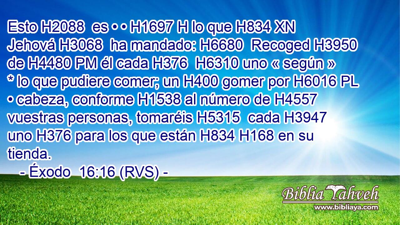 Esto H2088  es • • H1697 H lo que H834 XN Jehová H3068  ha mandado: H6680  Recoged H3950  de H4480 PM él cada H376  H6310 uno « según » * lo que pudiere comer; un H400 gomer por H6016 PL • cabeza, conforme H1538 al número de H4557 vuestras personas, tomaréis H5315  cada H3947  uno H376 para los que están H834 H168 en su tienda. 