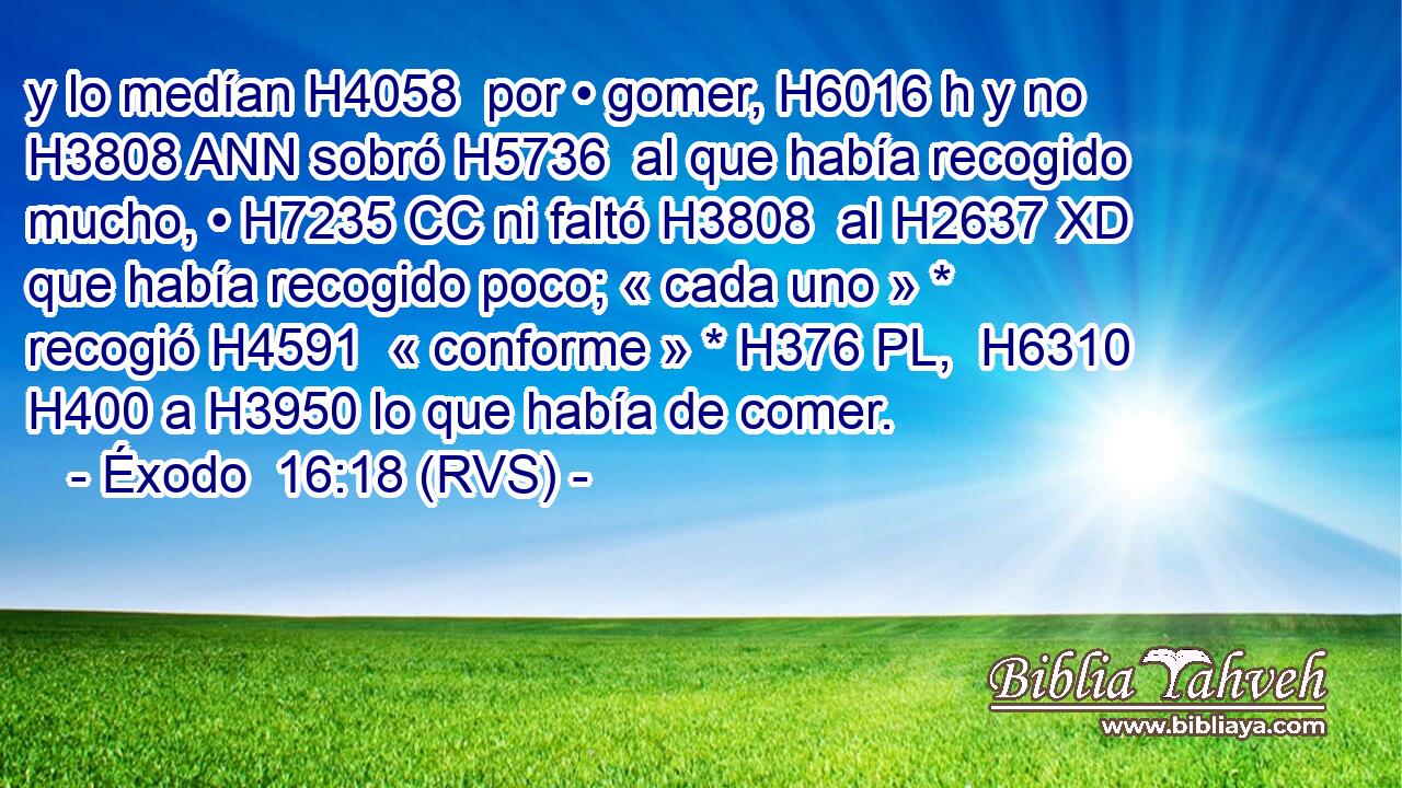 y lo medían H4058  por • gomer, H6016 h y no H3808 ANN sobró H5736  al que había recogido mucho, • H7235 CC ni faltó H3808  al H2637 XD que había recogido poco; « cada uno » * recogió H4591  « conforme » * H376 PL,  H6310 H400 a H3950 lo que había de comer. 