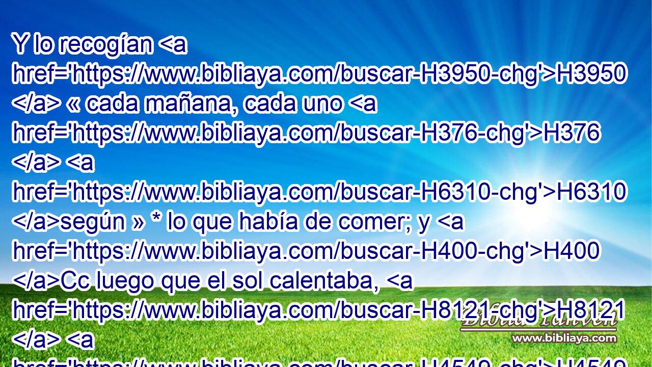 Y lo recogían H3950  « cada mañana, cada uno H376  H6310 según » * lo que había de comer; y H400 Cc luego que el sol calentaba, H8121  H4549 • H2552 Cc se derretía. 