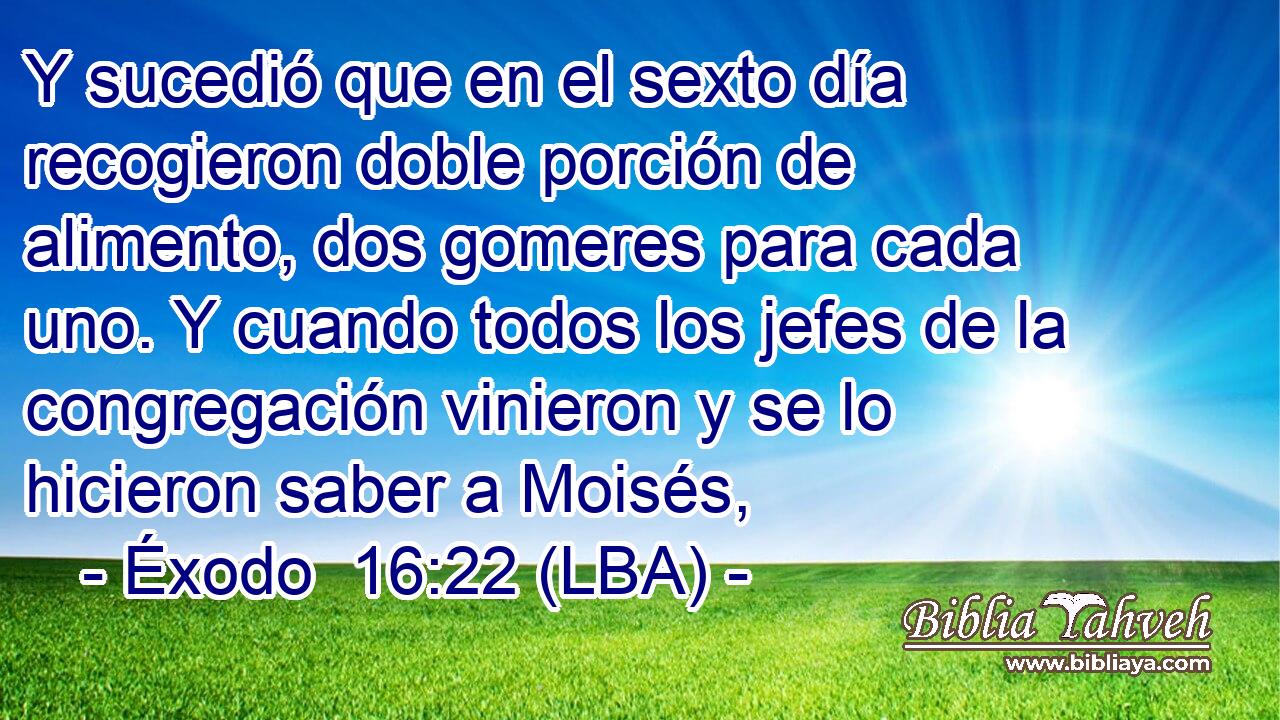 Y sucedió que en el sexto día recogieron doble porción de alimento, dos gomeres para cada uno. Y cuando todos los jefes de la congregación vinieron y se lo hicieron saber a Moisés,