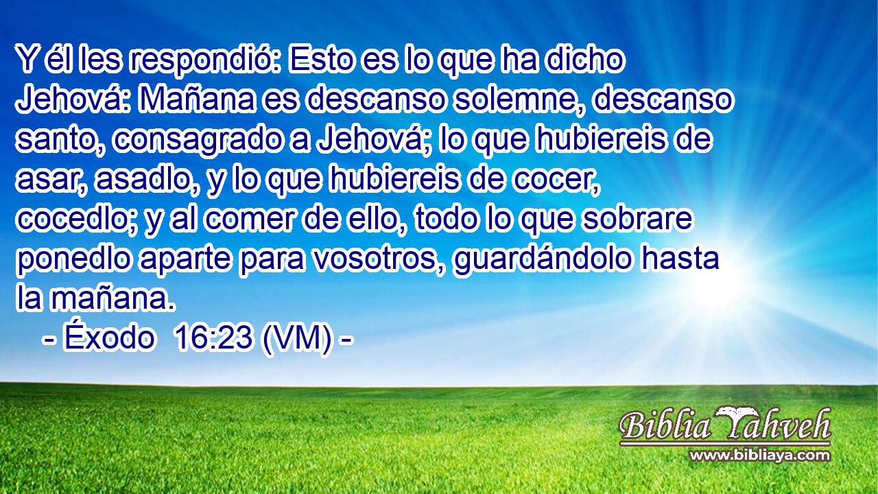  Y él les respondió: Esto es lo que ha dicho Jehová: Mañana es descanso solemne, descanso santo, consagrado a Jehová; lo que hubiereis de asar, asadlo, y lo que hubiereis de cocer, cocedlo; y al comer de ello, todo lo que sobrare ponedlo aparte para vosotros, guardándolo hasta la mañana. 