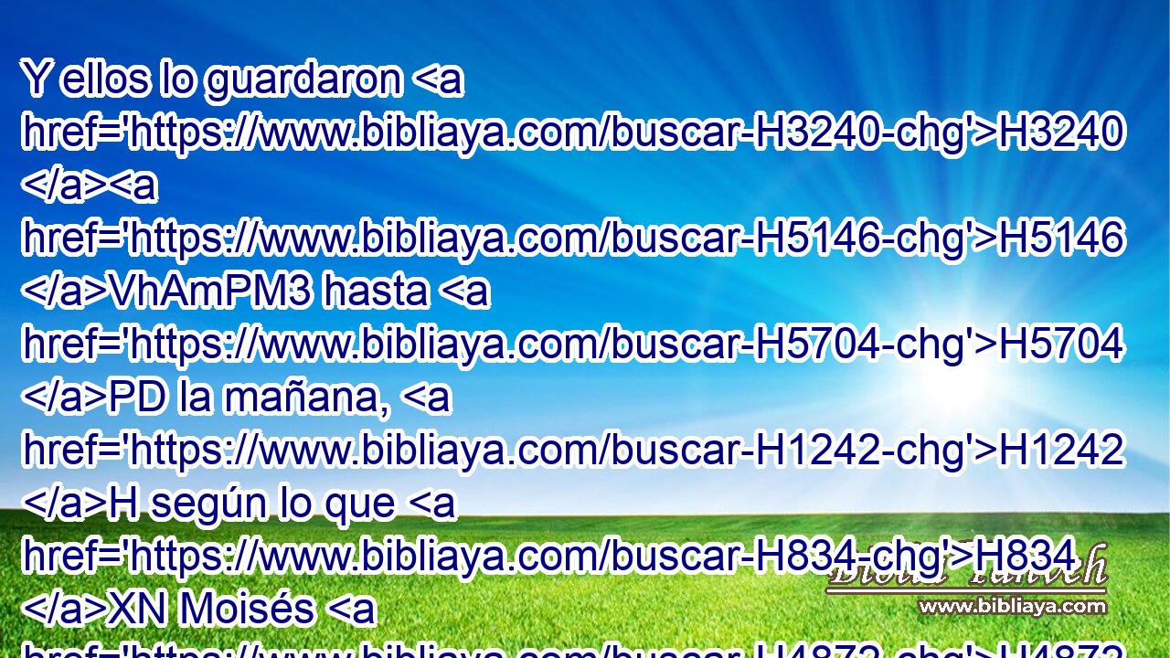Y ellos lo guardaron H3240 H5146 VhAmPM3 hasta H5704 PD la mañana, H1242 H según lo que H834 XN Moisés H4872  había mandado, H6680  y no H3808 ANN H1961 « se agusanó, » * H7415 , ANN, , PB,  ni hedió. H887  