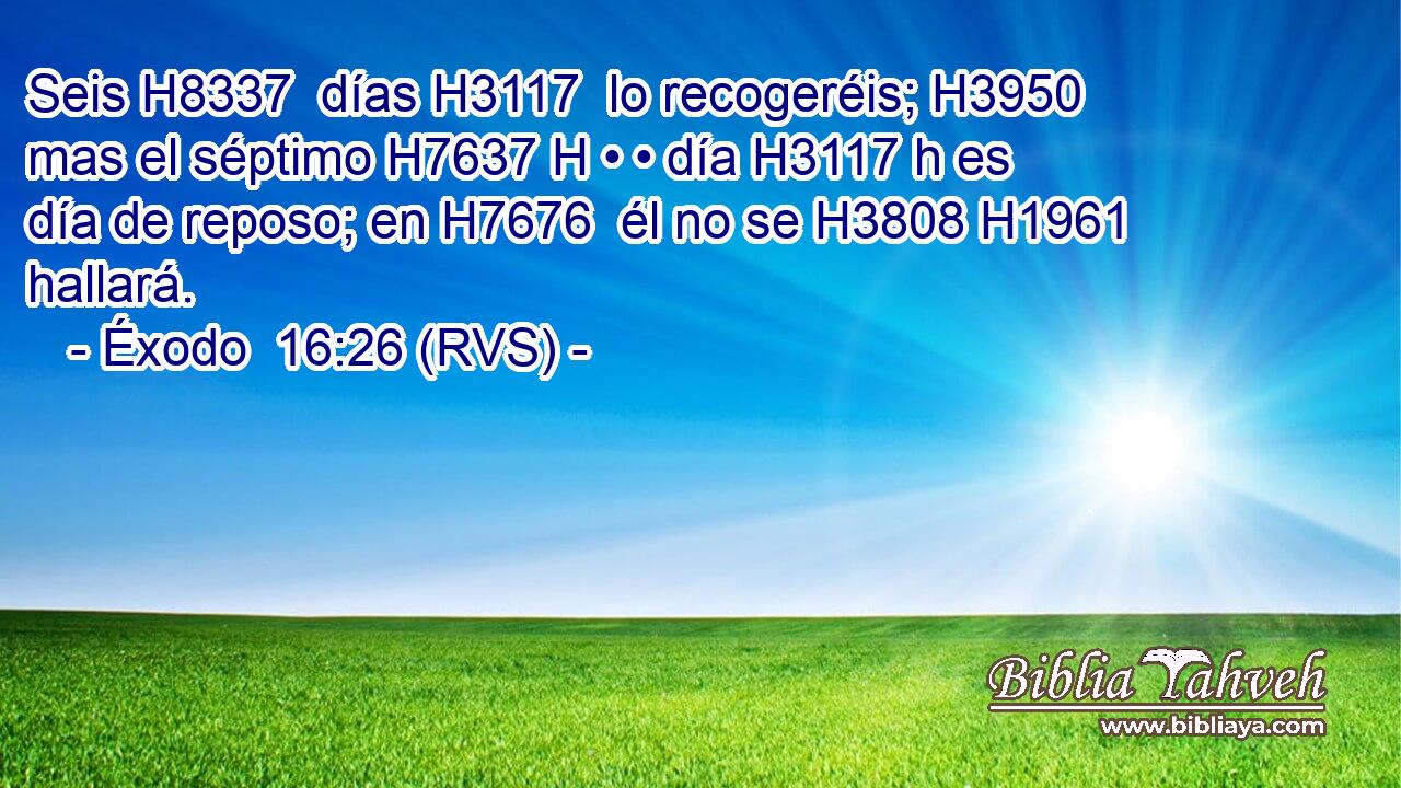 Seis H8337  días H3117  lo recogeréis; H3950  mas el séptimo H7637 H • • día H3117 h es día de reposo; en H7676  él no se H3808 H1961 hallará. 