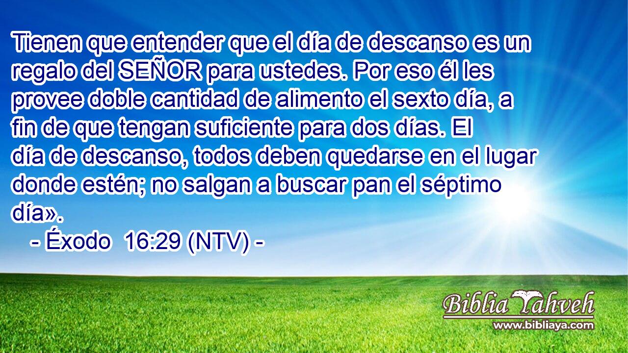 Tienen que entender que el día de descanso es un regalo del SEÑOR para ustedes. Por eso él les provee doble cantidad de alimento el sexto día, a fin de que tengan suficiente para dos días. El día de descanso, todos deben quedarse en el lugar donde estén; no salgan a buscar pan el séptimo día».