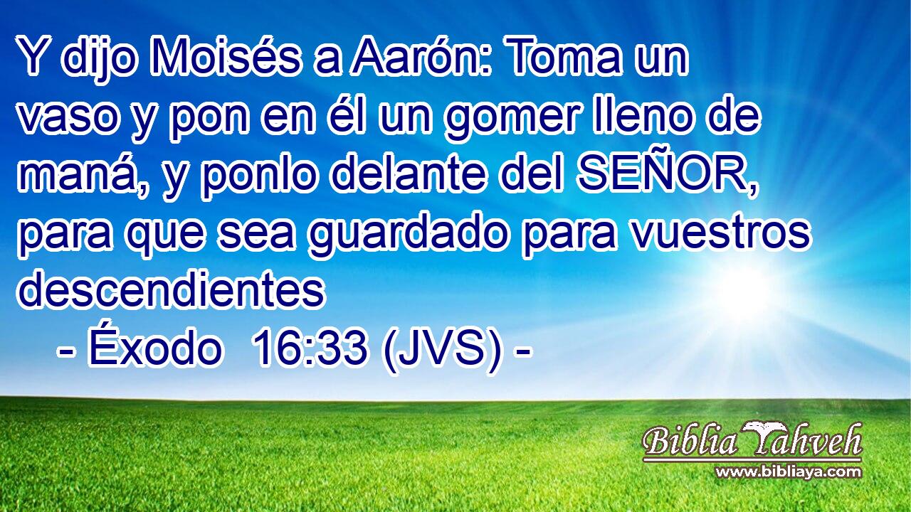 Y dijo Moisés a Aarón: Toma un vaso y pon en él un gomer lleno de maná, y ponlo delante del SEÑOR, para que sea guardado para vuestros descendientes