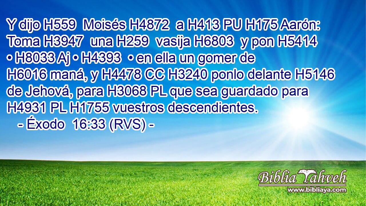 Y dijo H559  Moisés H4872  a H413 PU H175 Aarón: Toma H3947  una H259  vasija H6803  y pon H5414  • H8033 Aj • H4393  • en ella un gomer de H6016 maná, y H4478 CC H3240 ponlo delante H5146  de Jehová, para H3068 PL que sea guardado para H4931 PL H1755 vuestros descendientes. 
