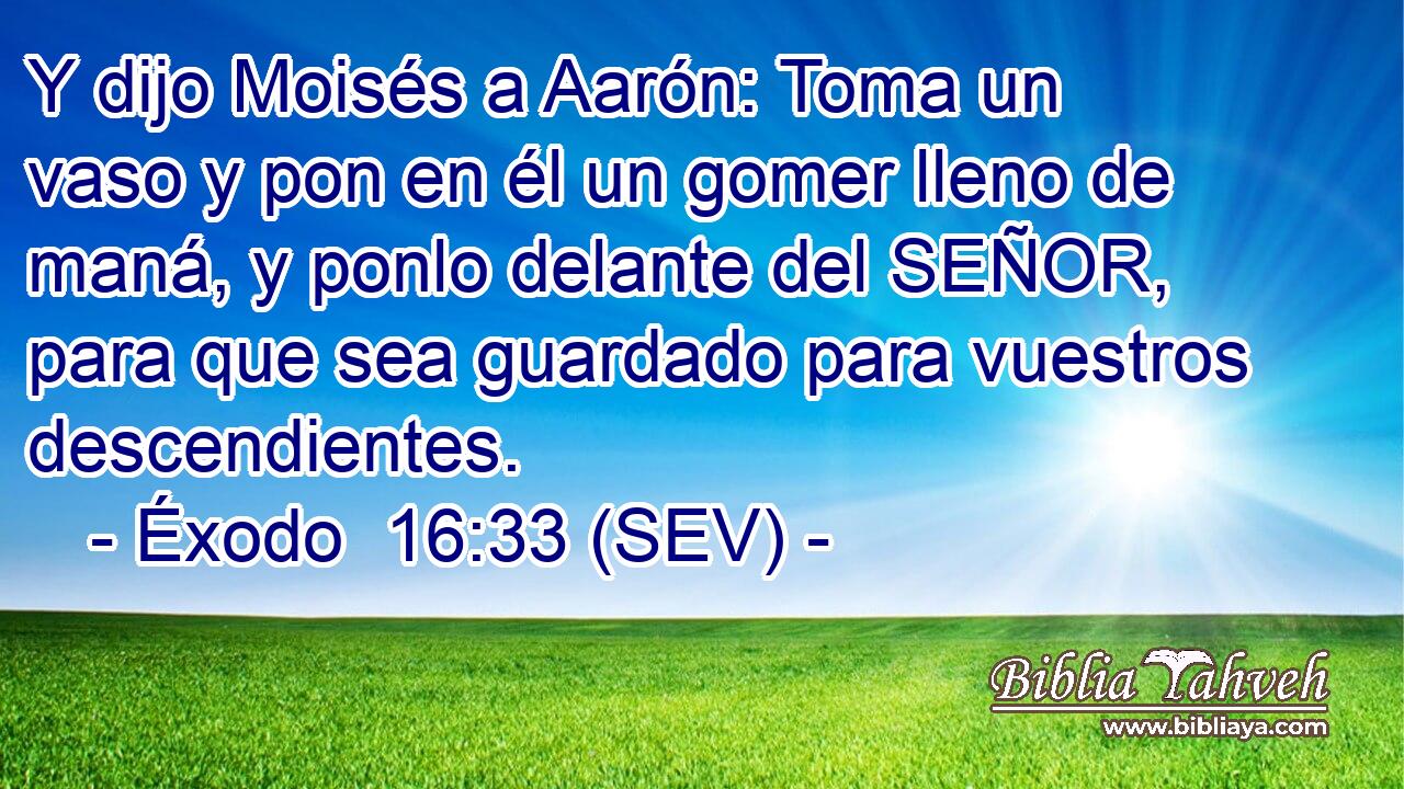Y dijo Moisés a Aarón: Toma un vaso y pon en él un gomer lleno de maná, y ponlo delante del SEÑOR, para que sea guardado para vuestros descendientes.