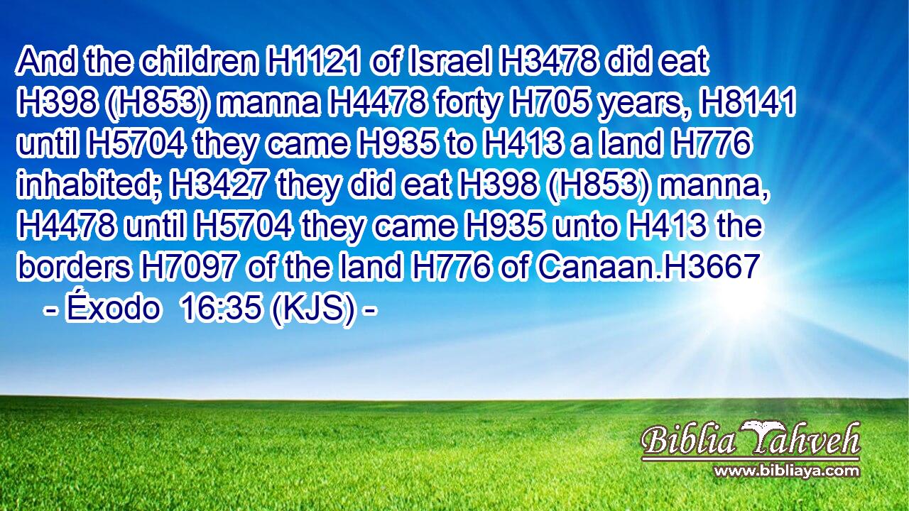 And the children H1121 of Israel H3478 did eat H398 (H853) manna H4478 forty H705 years, H8141 until H5704 they came H935 to H413 a land H776 inhabited; H3427 they did eat H398 (H853) manna, H4478 until H5704 they came H935 unto H413 the borders H7097 of the land H776 of Canaan.H3667
