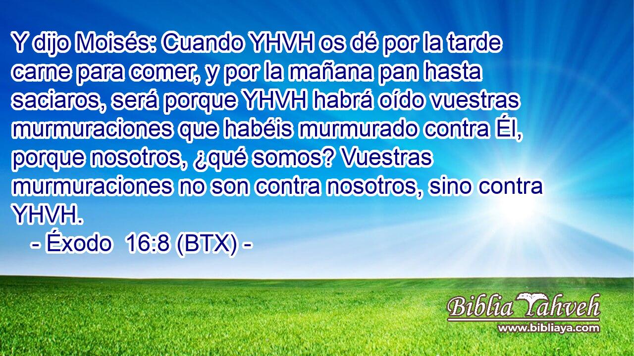 Y dijo Moisés: Cuando YHVH os dé por la tarde carne para comer, y por la mañana pan hasta saciaros, será porque YHVH habrá oído vuestras murmuraciones que habéis murmurado contra Él, porque nosotros, ¿qué somos? Vuestras murmuraciones no son contra nosotros, sino contra YHVH.