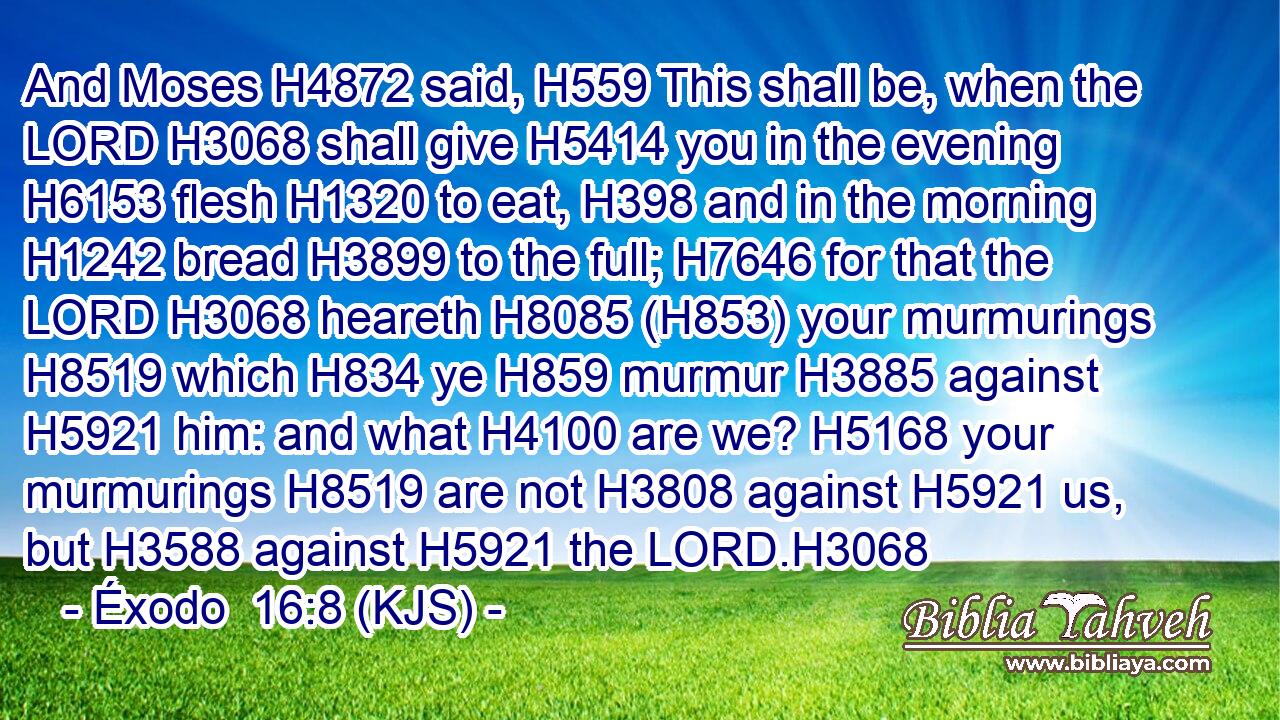 And Moses H4872 said, H559 This shall be, when the LORD H3068 shall give H5414 you in the evening H6153 flesh H1320 to eat, H398 and in the morning H1242 bread H3899 to the full; H7646 for that the LORD H3068 heareth H8085 (H853) your murmurings H8519 which H834 ye H859 murmur H3885 against H5921 him: and what H4100 are we? H5168 your murmurings H8519 are not H3808 against H5921 us, but H3588 against H5921 the LORD.H3068