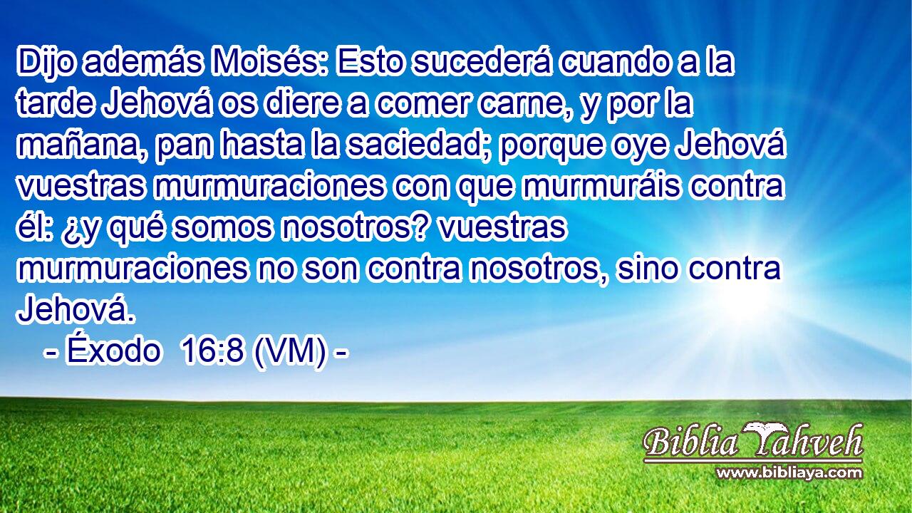  Dijo además Moisés: Esto sucederá cuando a la tarde Jehová os diere a comer carne, y por la mañana, pan hasta la saciedad; porque oye Jehová vuestras murmuraciones con que murmuráis contra él: ¿y qué somos nosotros? vuestras murmuraciones no son contra nosotros, sino contra Jehová. 