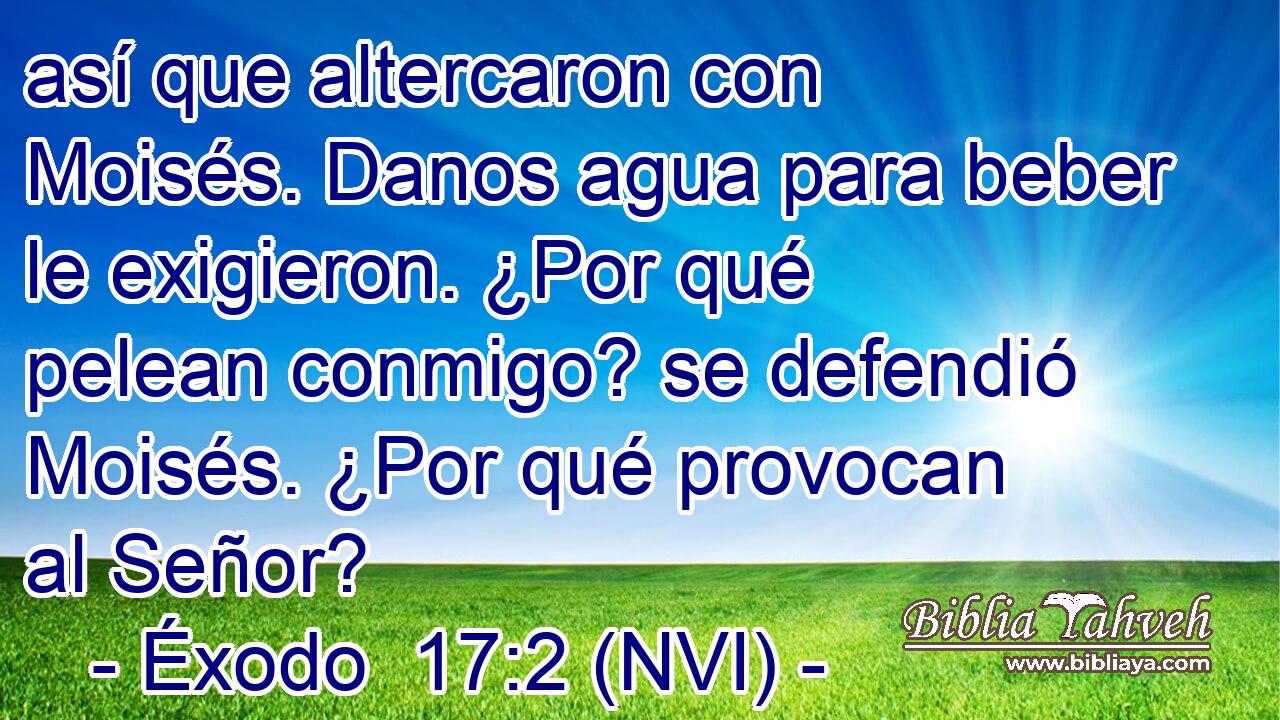  así que altercaron con Moisés. Danos agua para beber le exigieron. ¿Por qué pelean conmigo? se defendió Moisés. ¿Por qué provocan al Señor? 