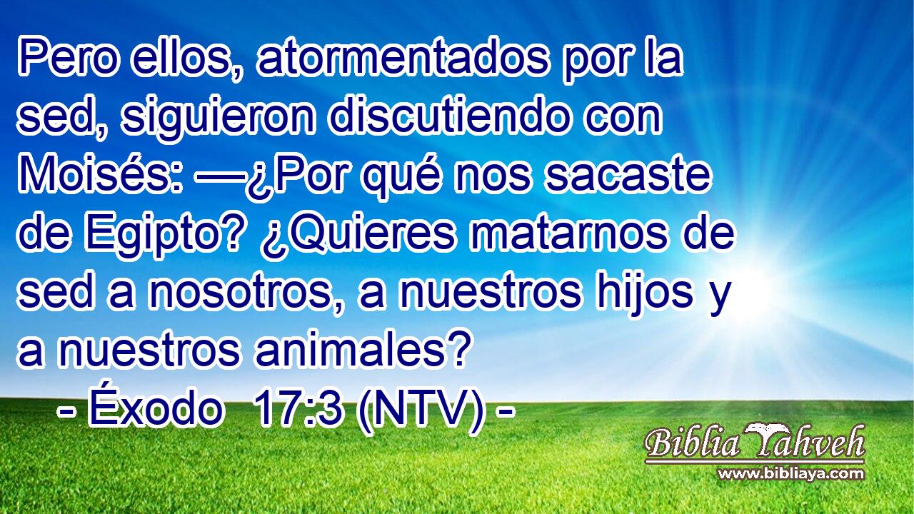 Pero ellos, atormentados por la sed, siguieron discutiendo con Moisés: —¿Por qué nos sacaste de Egipto? ¿Quieres matarnos de sed a nosotros, a nuestros hijos y a nuestros animales?