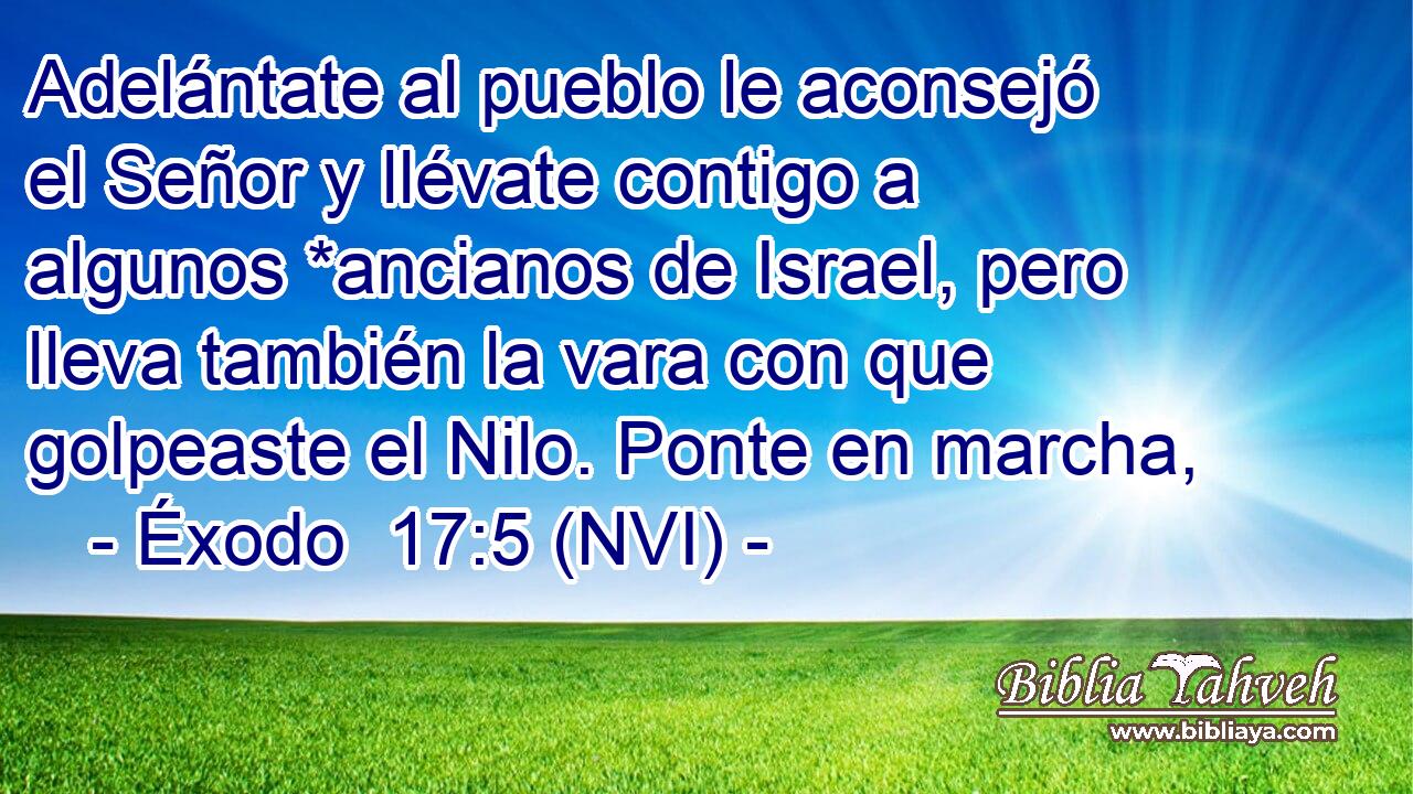  Adelántate al pueblo le aconsejó el Señor y llévate contigo a algunos *ancianos de Israel, pero lleva también la vara con que golpeaste el Nilo. Ponte en marcha, 