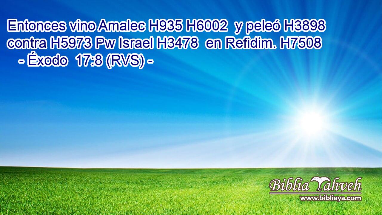 Entonces vino Amalec H935 H6002  y peleó H3898  contra H5973 Pw Israel H3478  en Refidim. H7508  