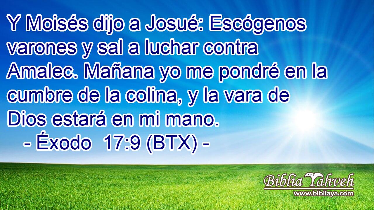 Y Moisés dijo a Josué: Escógenos varones y sal a luchar contra Amalec. Mañana yo me pondré en la cumbre de la colina, y la vara de Dios estará en mi mano.